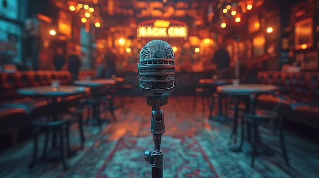 Micrófono vintage en el escenario con fondo de café borroso, sillas vacías esperando al público íntimo