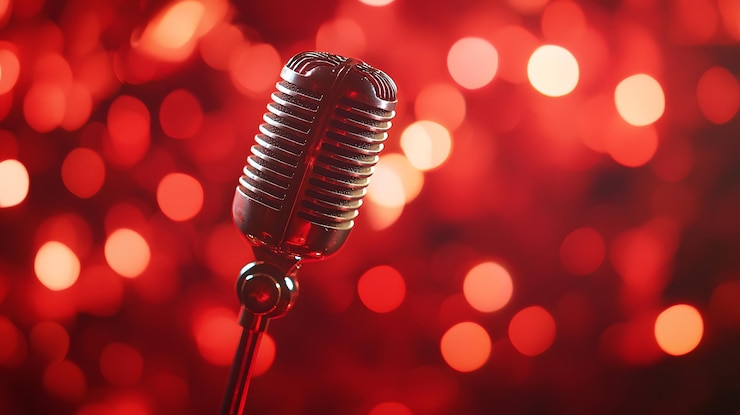 Micrófono vintage con fondo de bokeh rojo