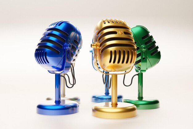 Micrófonos coloridos realistas 3D estudio y escenario equipo de audio vintage y modernos micrófonos de metal ilustración 3D