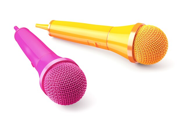 Micrófonos rosas y amarillos sobre azul
