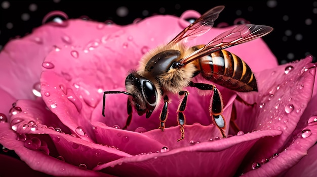 Microfotografia de uma abelha em uma pétala de rosa rosa com gotas de água