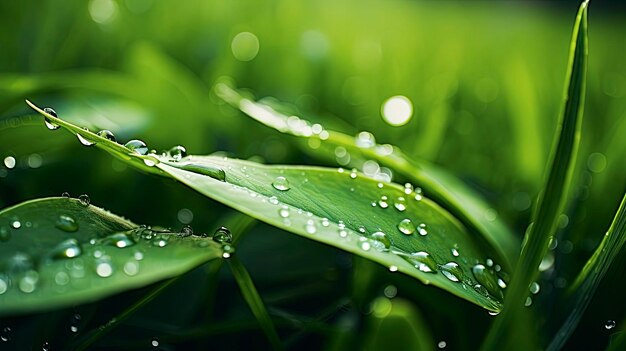 microfotografía de hierba verde y rocío de agua espacio de copia de plantas de hojas verdes