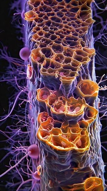 Foto una micrografía electrónica de escaneo de una hifas fúngica la hifas es un filamento largo y delgado