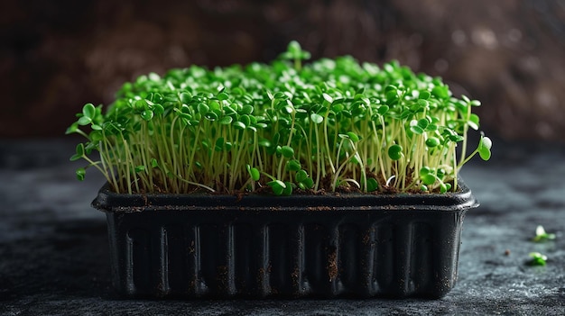 Microgreens brotan en una caja de plástico