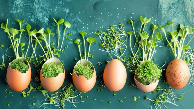 Microgreens en cáscaras de huevo concepto de primavera y Pascua Copiar espacio