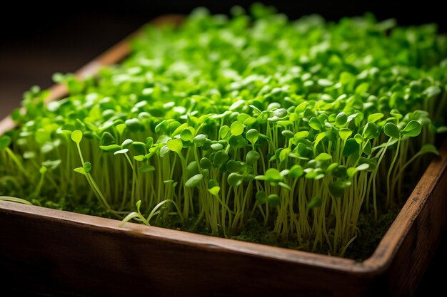 Foto microgreens crescendo fundo com brotos de microgreen na mesa de madeira