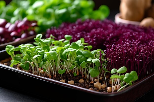 Foto microgreens crescendo fundo com brotos de microgreen na mesa de madeira