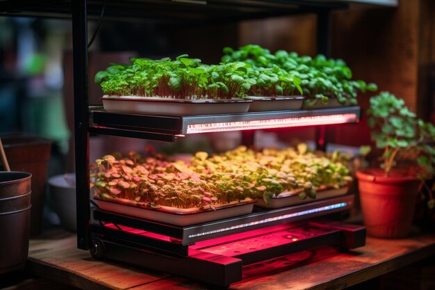 Microgreens cultivados en casa que crecen en bandeja en el hogar para una cosecha ecológica fresca y saludable