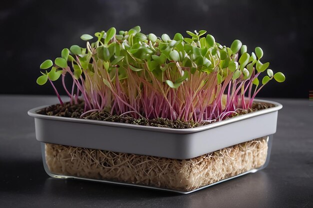 Foto microgreens de cultivo doméstico que crecen en el suelo en una superficie gris