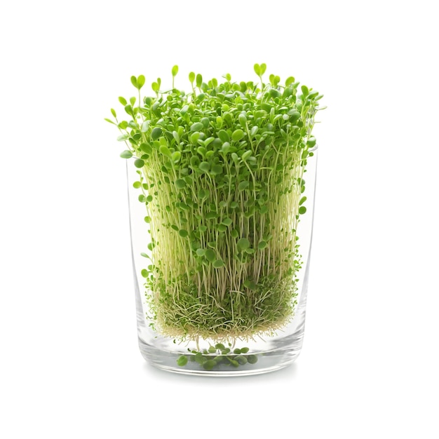 Microgreens de feno-grego em um copo de vidro transparente mostrando suas folhas exuberantes de penas e verde claro