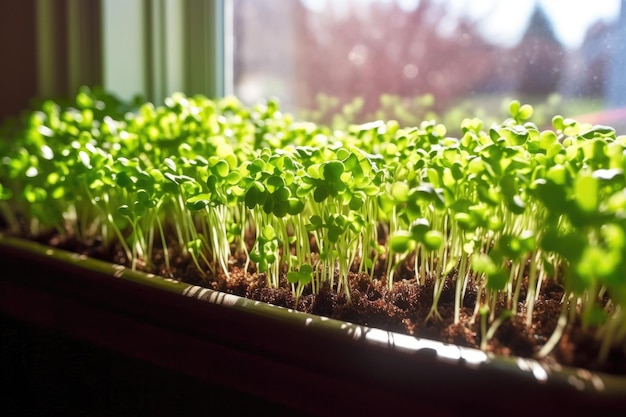 Microgreens, die sich im Sonnenlicht auf einer Fensterbank erholen, die mit generativer AI erstellt wurde