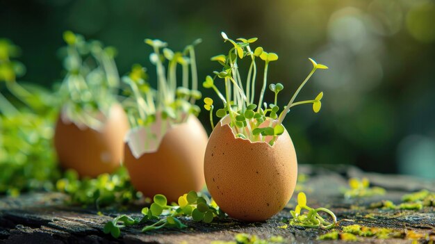 Microgreens em cascas de ovo conceito de primavera e Páscoa Copiar espaço