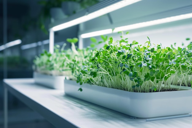 Foto microgreens frescos crescendo em uma plantadeira iluminada por uma luz de crescimento