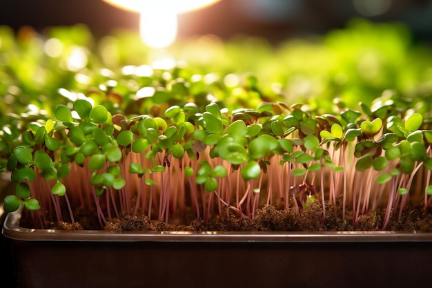 Microgreens frescos que crecen en la planta iluminados por una luz de cultivo IA generativa