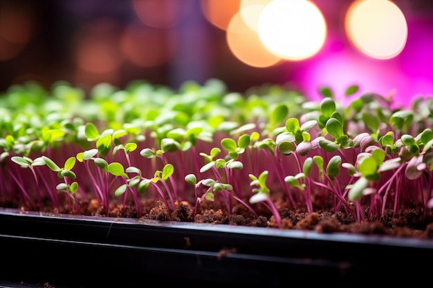Foto microgreens frescos que crecen en la planta iluminados por una luz de cultivo ia generativa