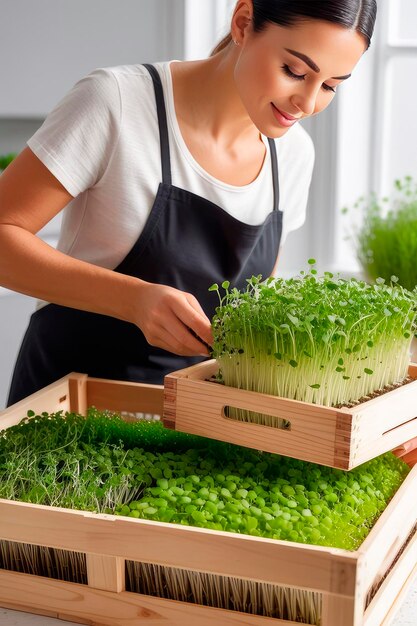 Microgreens orgânicos frescos nas mãos das mulheres para saladas ou receitas