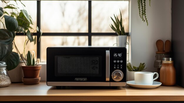 Un microondas blanco y negro moderno en una cocina de la casa en la mesa de la cocina