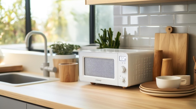 Foto un microondas moderno blanco y negro en una cocina de la casa en la mesa de la cocina