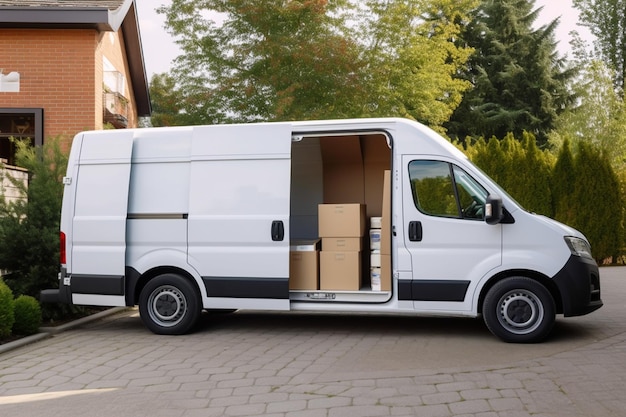 Microônibus EV para remoção carregado com caixas com porta lateral aberta em casa