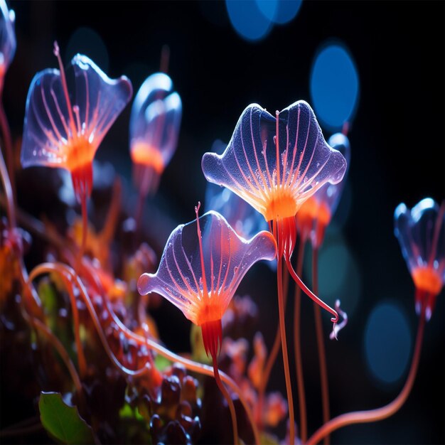 Microorganismos bioluminescentes vibrantes iluminando a escuridão das profundezas do mar