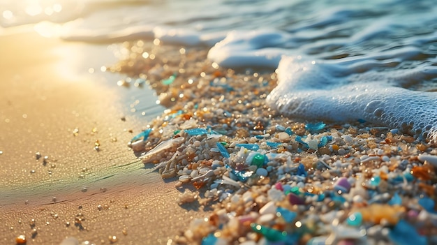 Microplásticos en la playa de mar Problema de contaminación por plásticos Alta resolución