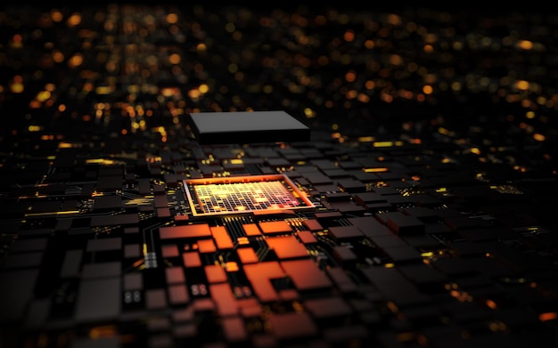 Foto microprocessador de renderização 3d cpu chipset unidade de processador central na placa-mãe do computador de circuito de iluminação cyber e conceito futurista hardware ai eletrônica e tecnologia com espaço de cópia