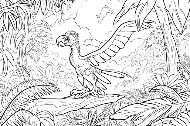 Microraptor Dinosaurier Schwarz-Weiß Linear Doodles Linienkunst Malseite Malbuch für Kinder