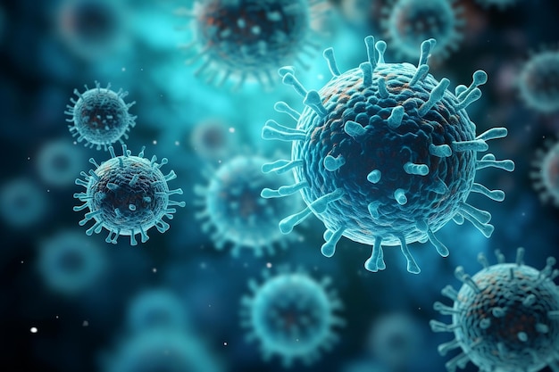 Microrganismos em fundo azul Vírus versus bactérias IA generativa