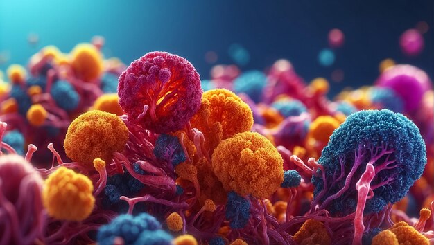 Foto microrganismos multicoloridos sob um microscópio