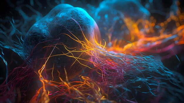 Microscópicos minúsculos fios laranja estrutura assumindo células azuis bloblike rede neural gerada arte