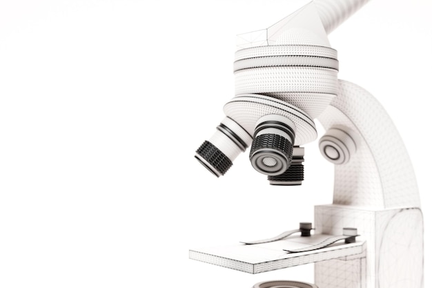 Microscopio 3d realista sobre equipo de laboratorio de fondo blanco Microscopio para investigación de laboratorio
