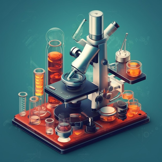 Microscopio Arafed con una gran cantidad de diferentes vasos de vidrio y un microscopio generativo ai
