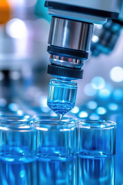 Un microscopio colocado sobre viales de vidrio que sugiere investigación científica o experimentación