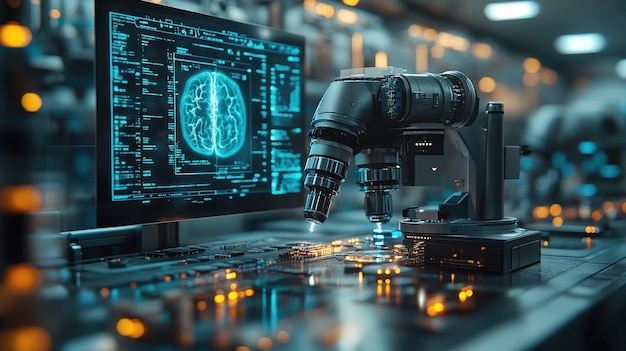 El microscopio y la computadora muestran un cerebro