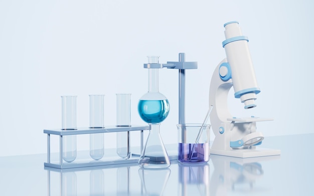 Microscopio y cristalería en el escritorio en la representación 3d del laboratorio