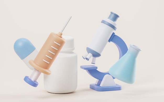 Microscópio de estilo de desenho animado 3D e renderização em 3d de recipiente químico