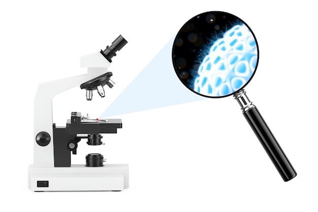 Microscópio de laboratório moderno para explorar bactérias e vírus vistos através de uma lupa em um fundo branco. Renderização 3D.