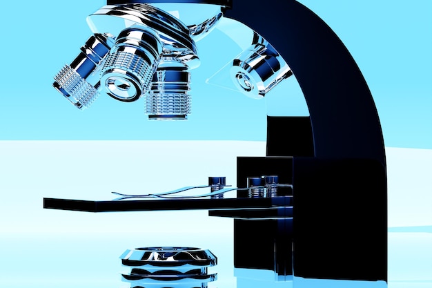 Microscópio de laboratório realista de ilustração 3d sem fundo azul instrumento farmacêutico de química 3d instrumento de ampliação microbiológico