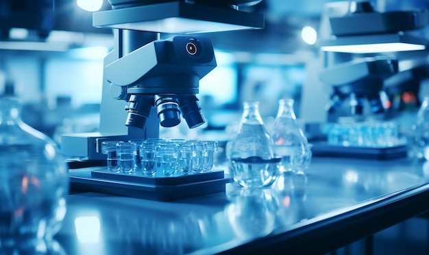 Microscópio e tubos de ensaio no laboratório científico de secretária Desenvolvimento da biotecnologia