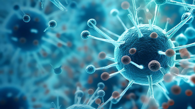 Bajo el microscopio de fondo macro para el concepto médico científico virus y bacilos