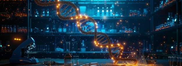 Un microscopio en un laboratorio biológico con un holograma de símbolo de ADN