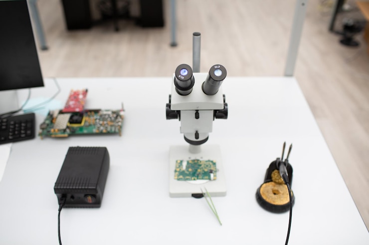 Foto microscopio en laboratorio tecnológico de investigación científica en mesa