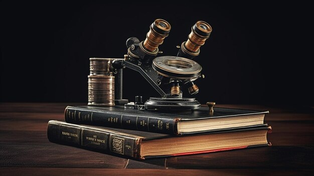 Microscopio y libros sobre una mesa en una biblioteca generativa ai