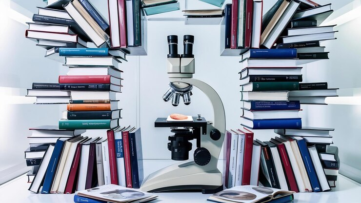 Foto microscópio médico e livros na mesa