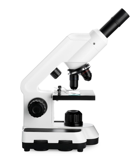 Microscopio moderno aislado en blanco Equipo médico