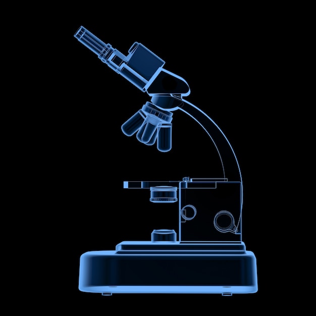 Foto microscopio de rayos x de renderizado 3d o instrumento óptico aislado en negro