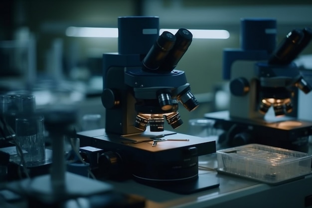 Un microscopio se sienta en una mesa en un laboratorio con un fondo azul.