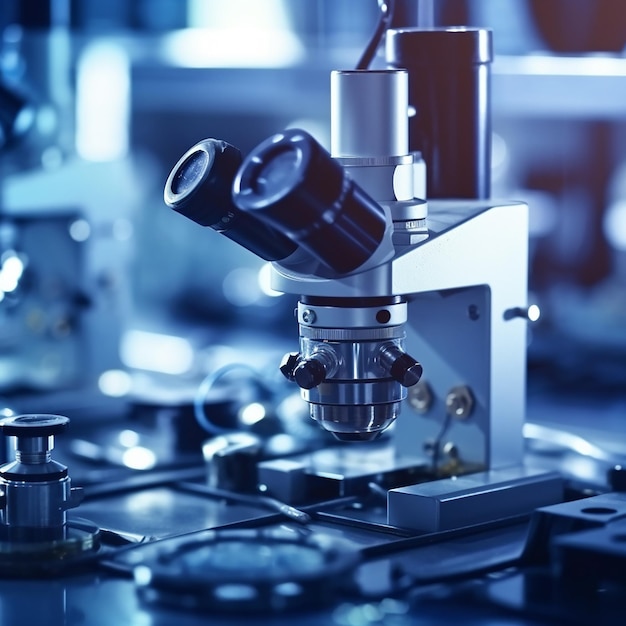 Un microscopio se sienta en una mesa en un laboratorio.