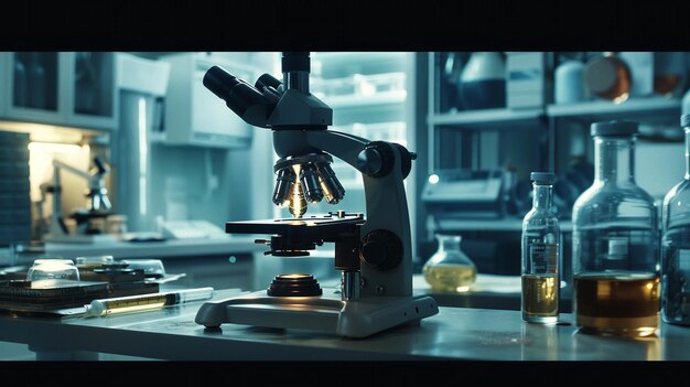 Microscópio sobre mesa em conceito de pesquisa e desenvolvimento de ciência de laboratório