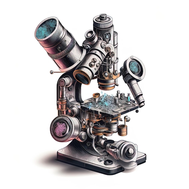 Microscópio sobre um fundo isolado branco Subjeto de laboratório químico e biológico